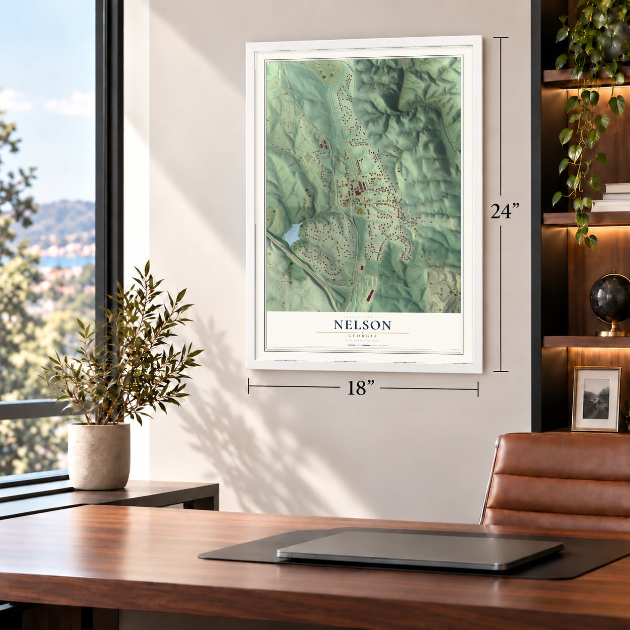 Nelson, Georgia map, 18 x 24 inch print in a white frame in a home office