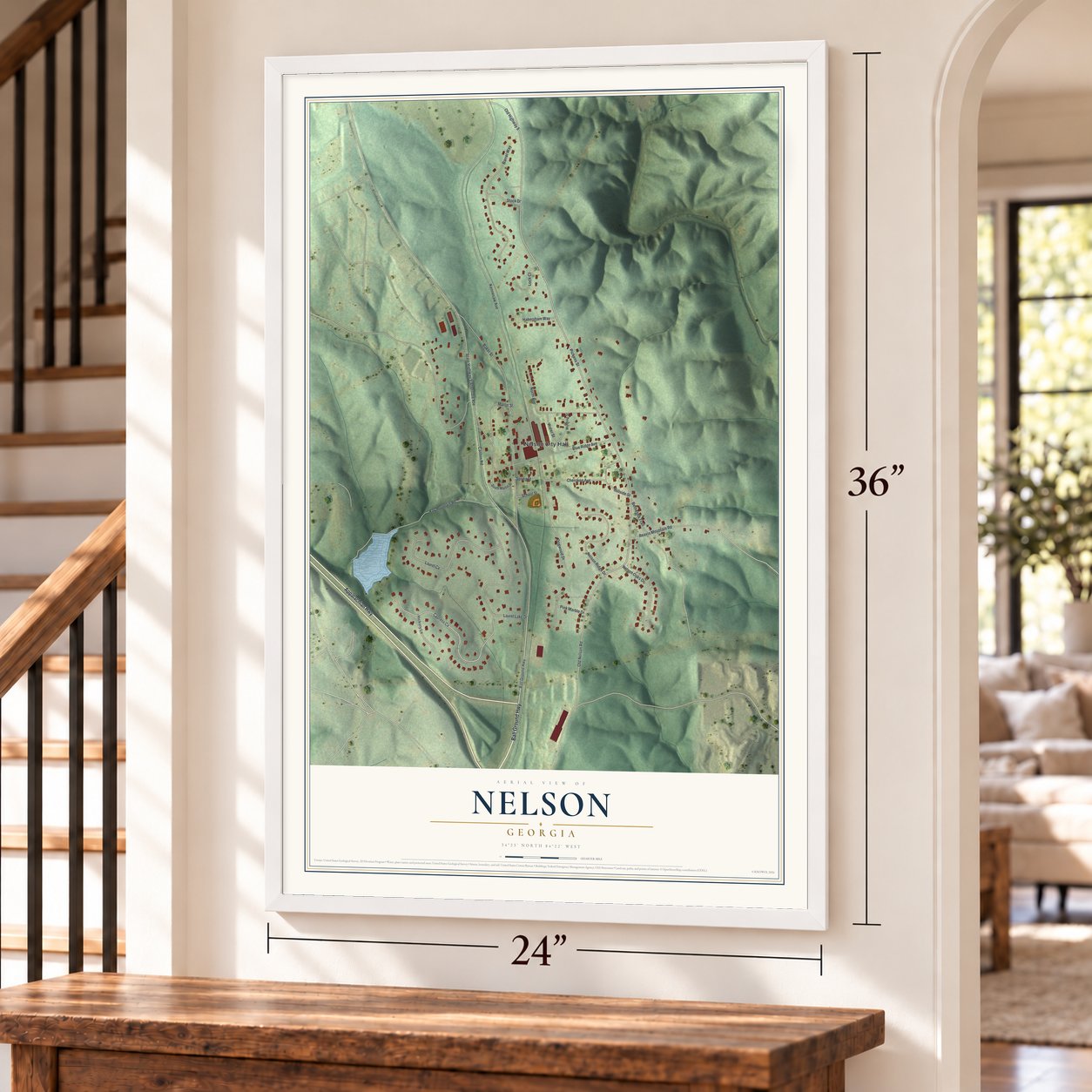 Nelson, Georgia map, 24 x 36 inch print in a white frame by a staircase