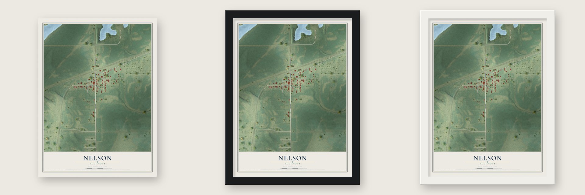 Nelson, Illinois map unframed, in a black wood frame and in a white wood frame