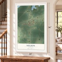 Nelson, Illinois map, 24 x 36 inch print in a white frame by a staircase