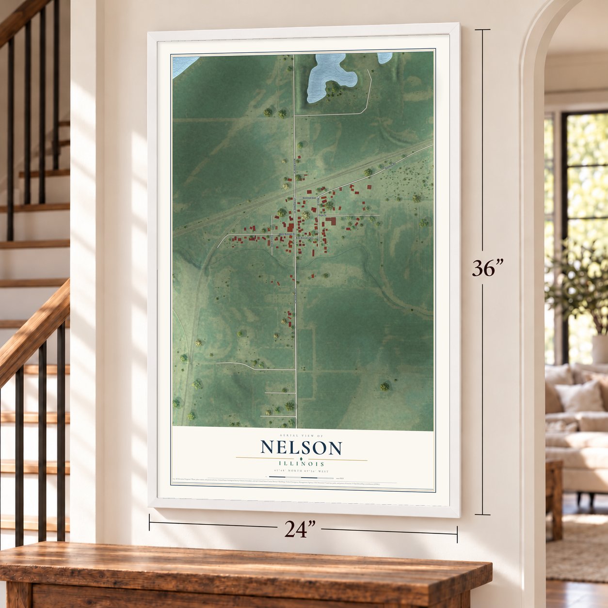Nelson, Illinois map, 24 x 36 inch print in a white frame by a staircase