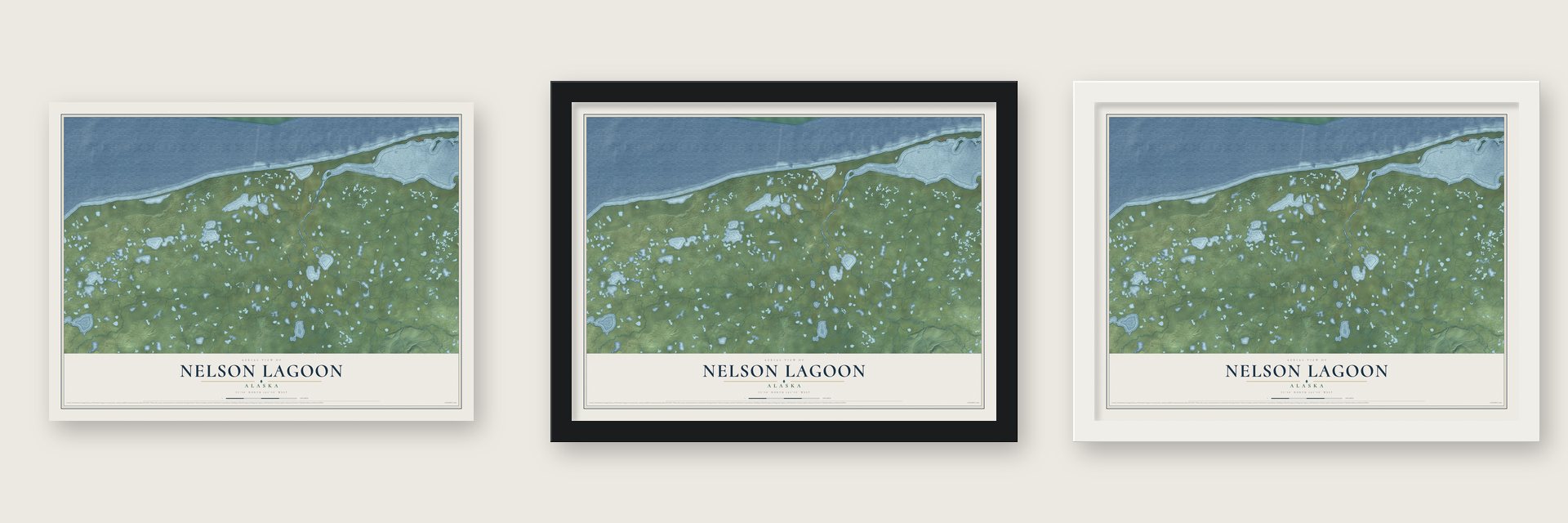 Nelson Lagoon, Alaska map unframed, in a black wood frame and in a white wood frame