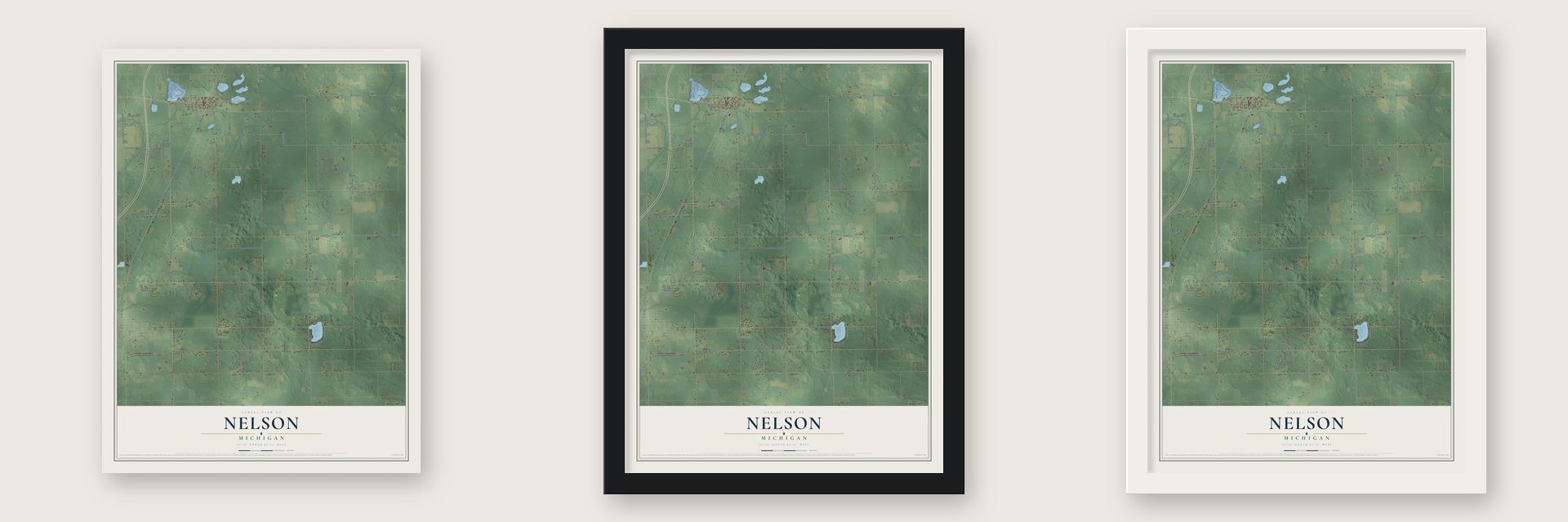 Nelson, Michigan map unframed, in a black wood frame and in a white wood frame