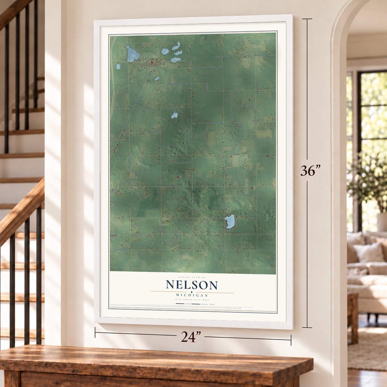 Nelson, Michigan map, 24 x 36 inch print in a white frame by a staircase