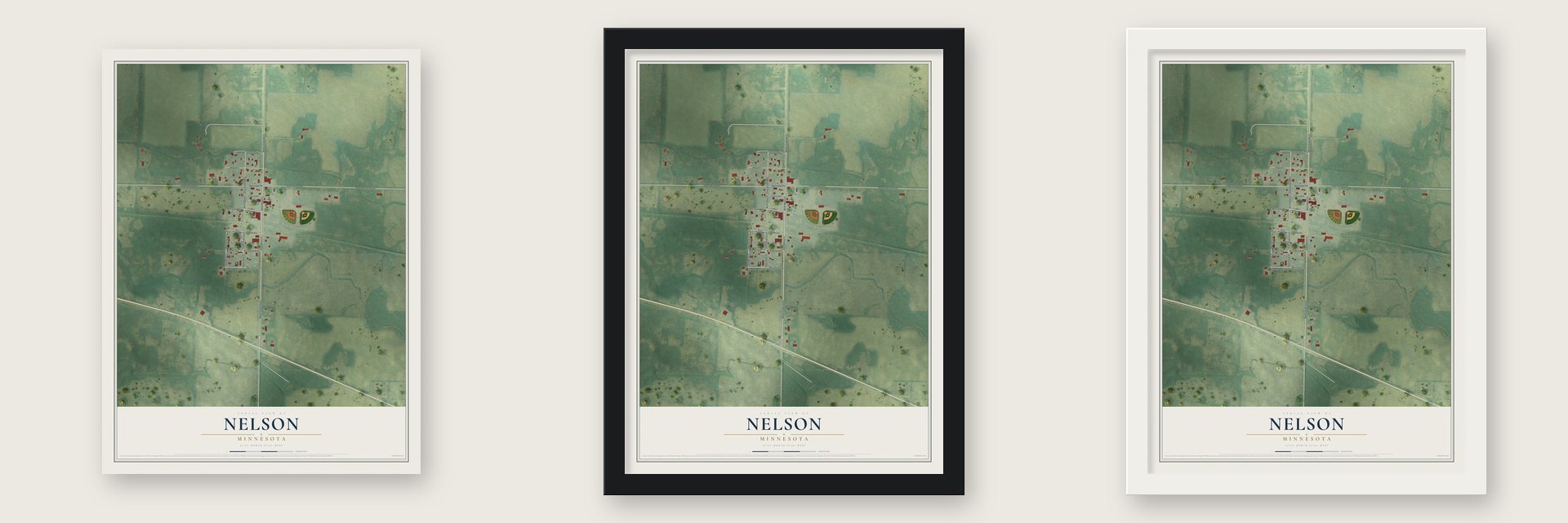 Nelson, Minnesota map unframed, in a black wood frame and in a white wood frame