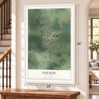 Nelson, Minnesota map, 24 x 36 inch print in a white frame by a staircase