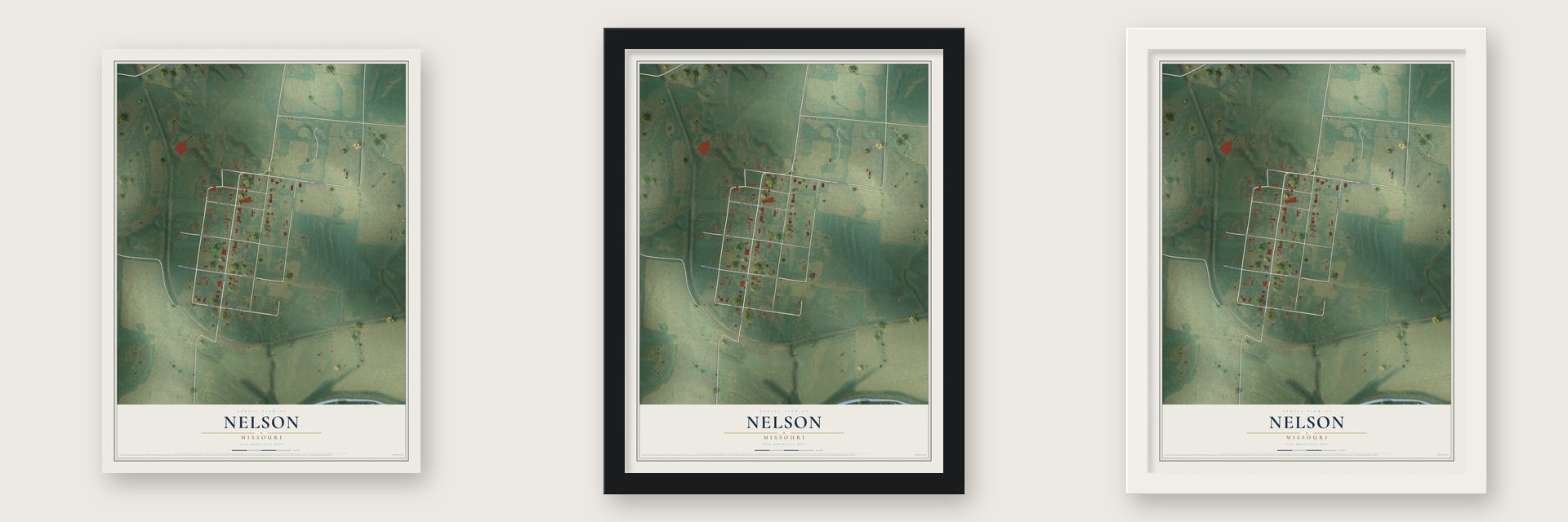 Nelson, Missouri map unframed, in a black wood frame and in a white wood frame