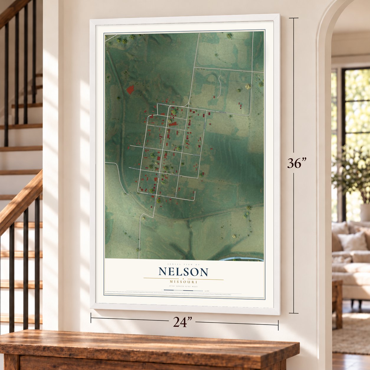 Nelson, Missouri map, 24 x 36 inch print in a white frame by a staircase