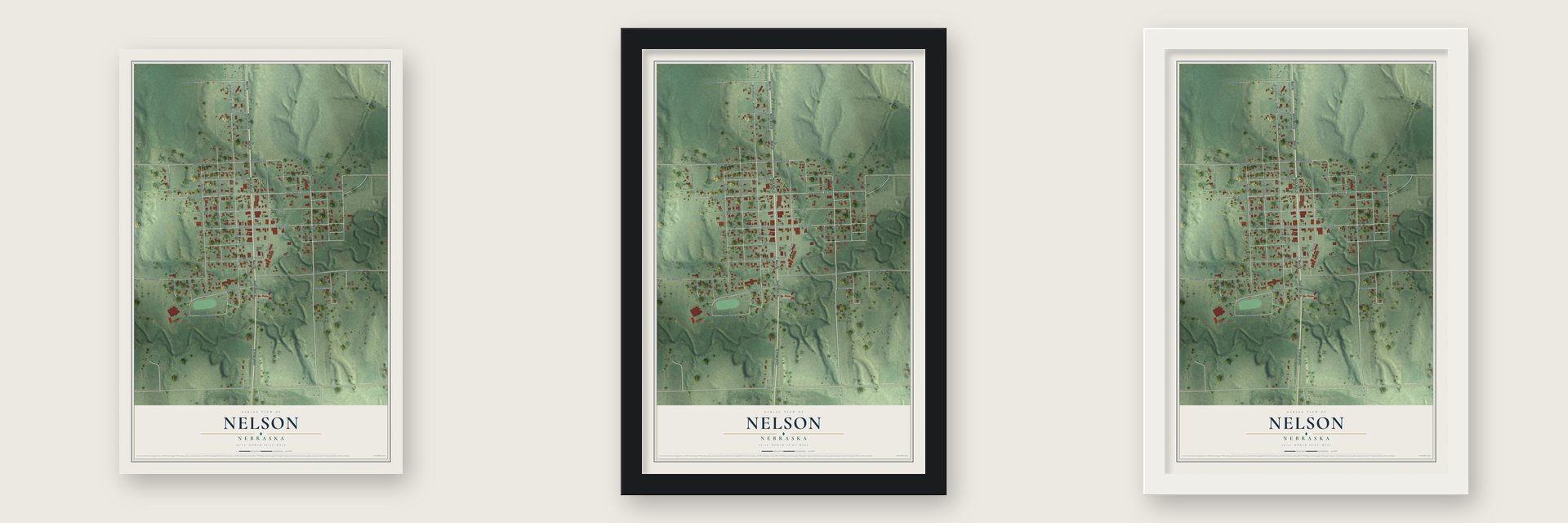 Nelson, Nebraska map unframed, in a black wood frame and in a white wood frame