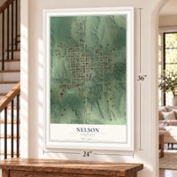 Nelson, Nebraska map, 24 x 36 inch print in a white frame by a staircase