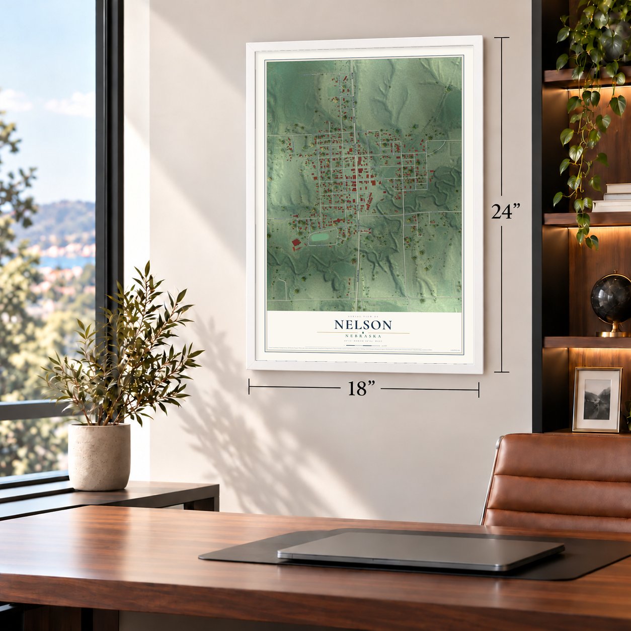 Nelson, Nebraska map, 18 x 24 inch print in a white frame in a home office