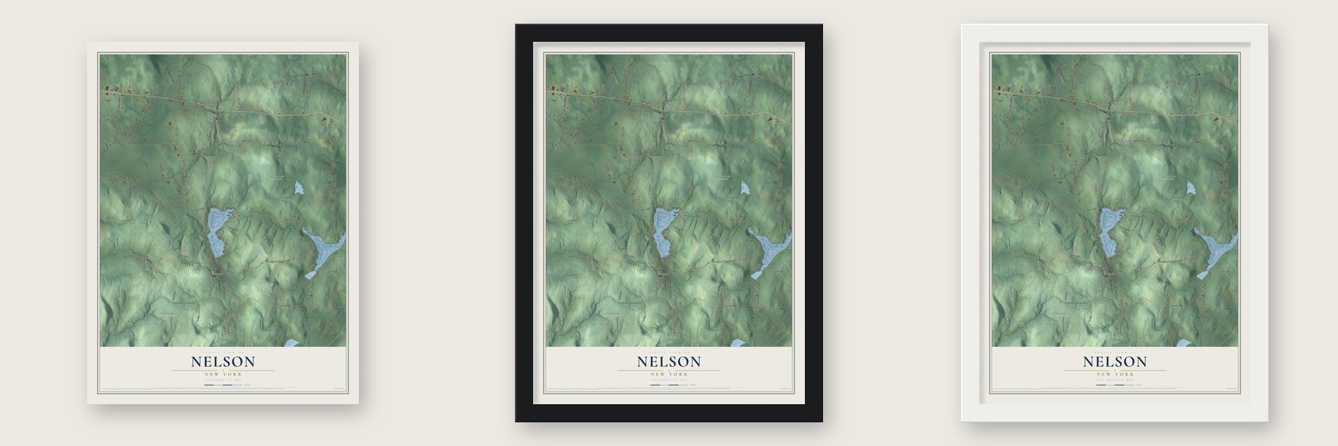 Nelson, New York map unframed, in a black wood frame and in a white wood frame