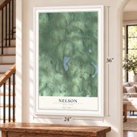 Nelson, New York map, 24 x 36 inch print in a white frame by a staircase