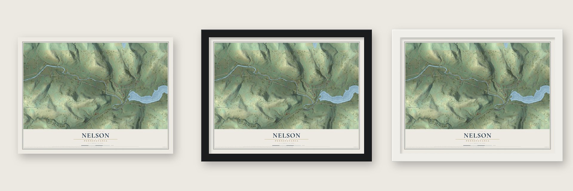 Nelson, Pennsylvania map unframed, in a black wood frame and in a white wood frame