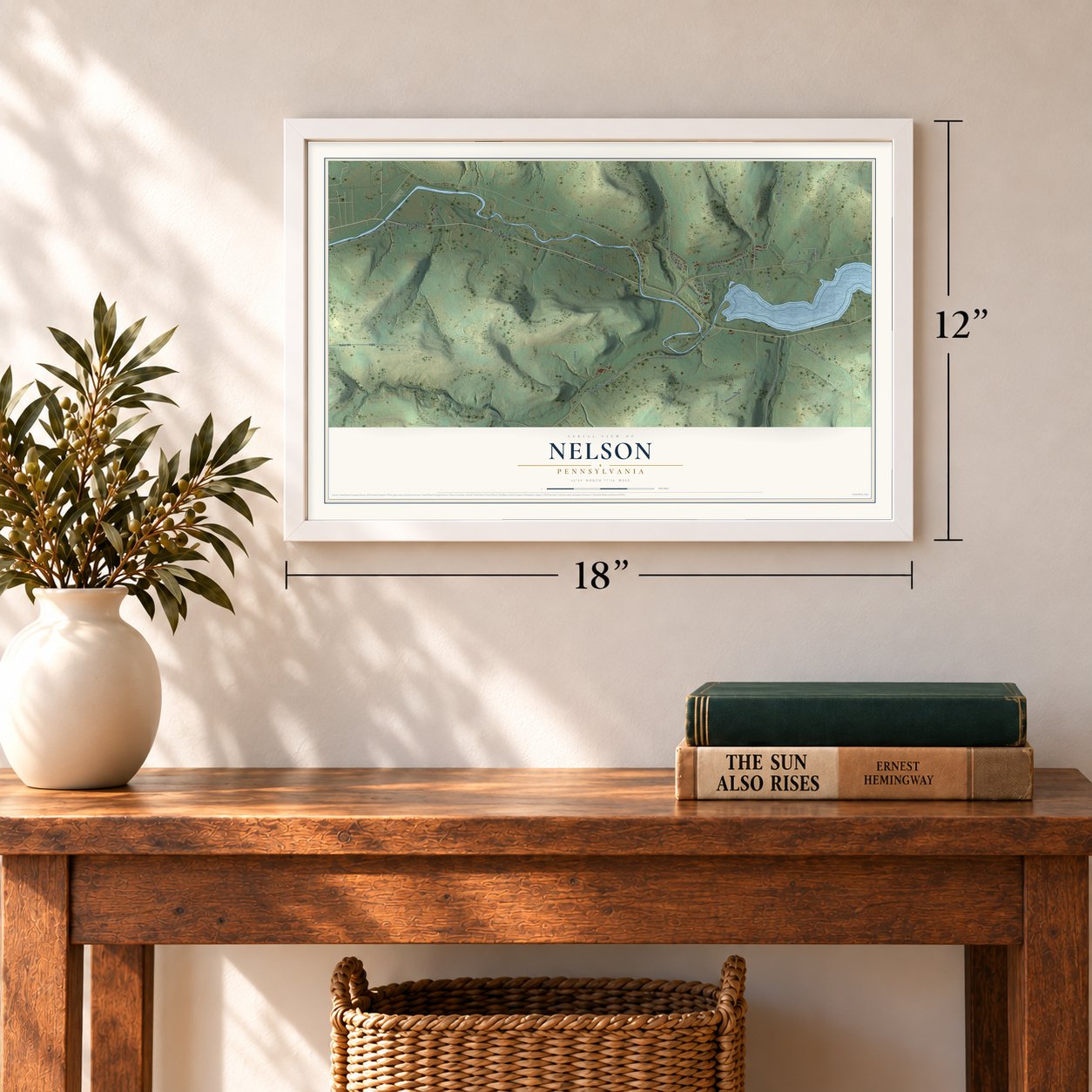 Nelson, Pennsylvania map, 12 x 18 inch print in a white frame in an entryway