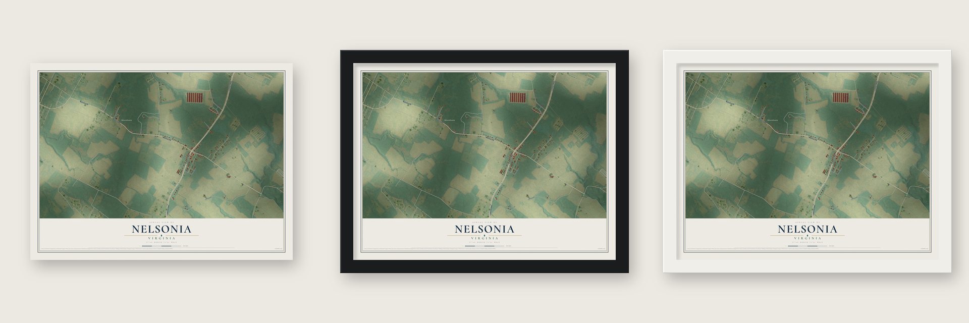 Nelsonia, Virginia map unframed, in a black wood frame and in a white wood frame