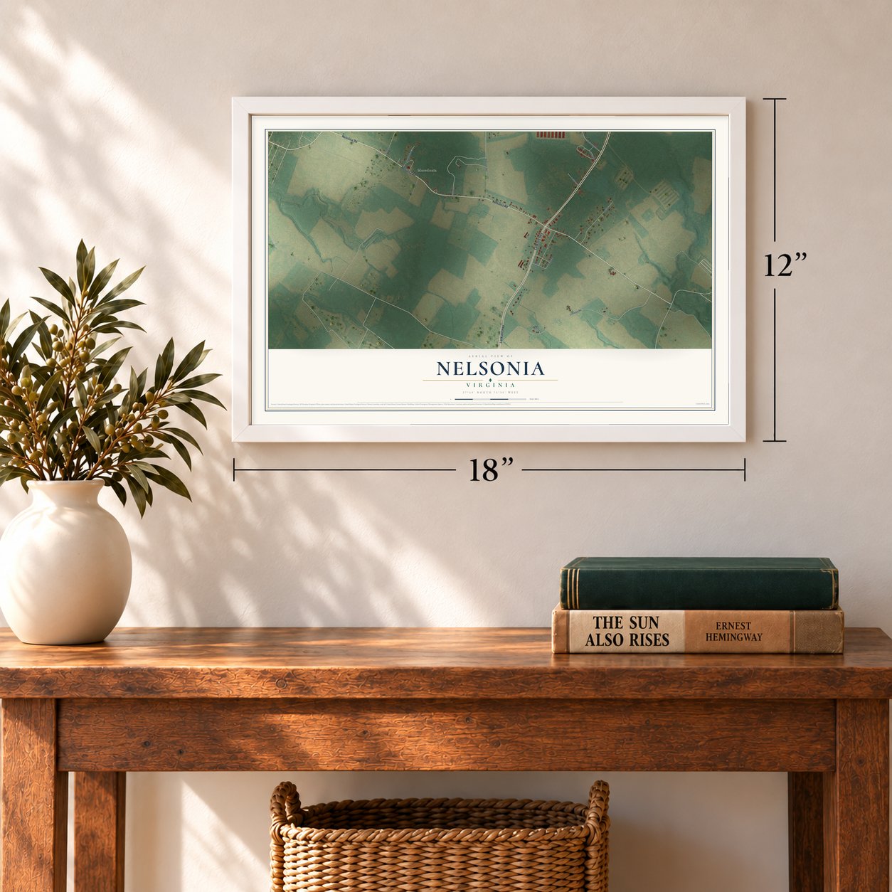 Nelsonia, Virginia map, 12 x 18 inch print in a white frame in an entryway