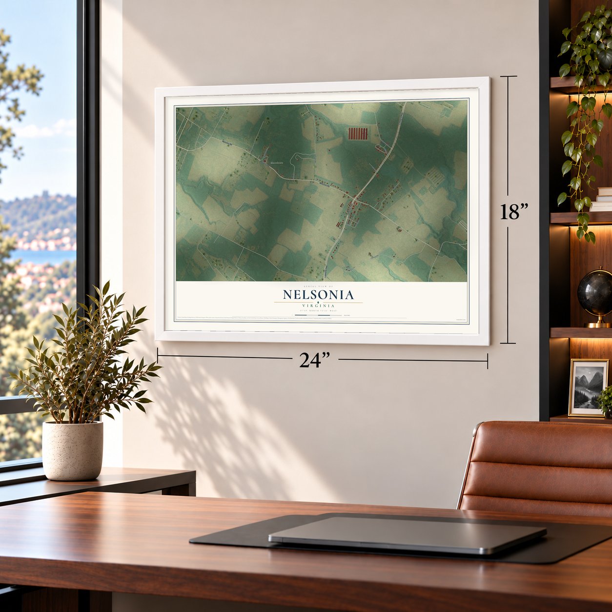 Nelsonia, Virginia map, 18 x 24 inch print in a white frame in a home office