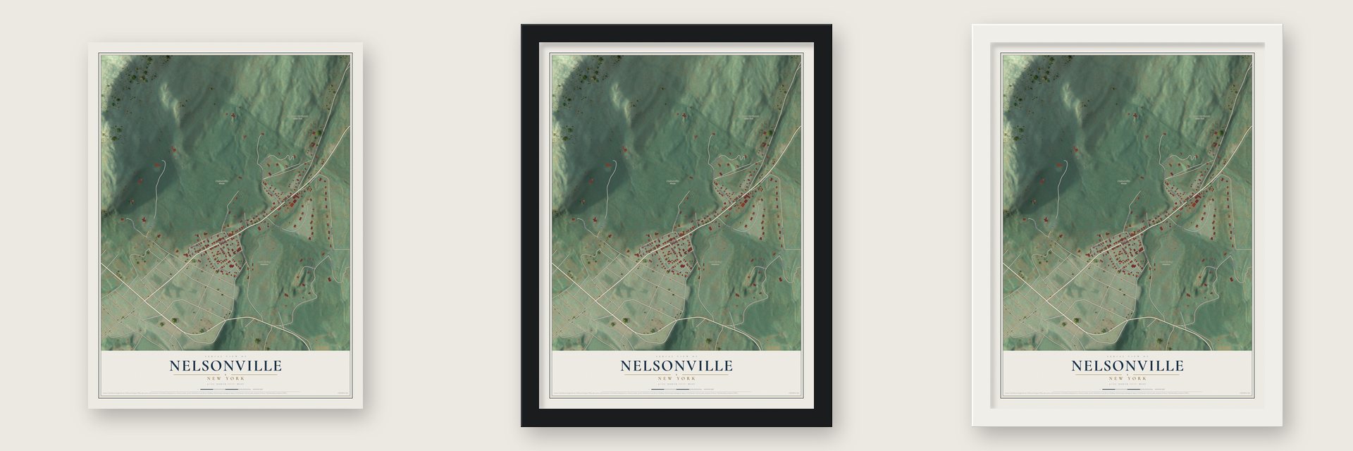 Nelsonville, New York map unframed, in a black wood frame and in a white wood frame