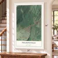 Nelsonville, New York map, 24 x 36 inch print in a white frame by a staircase