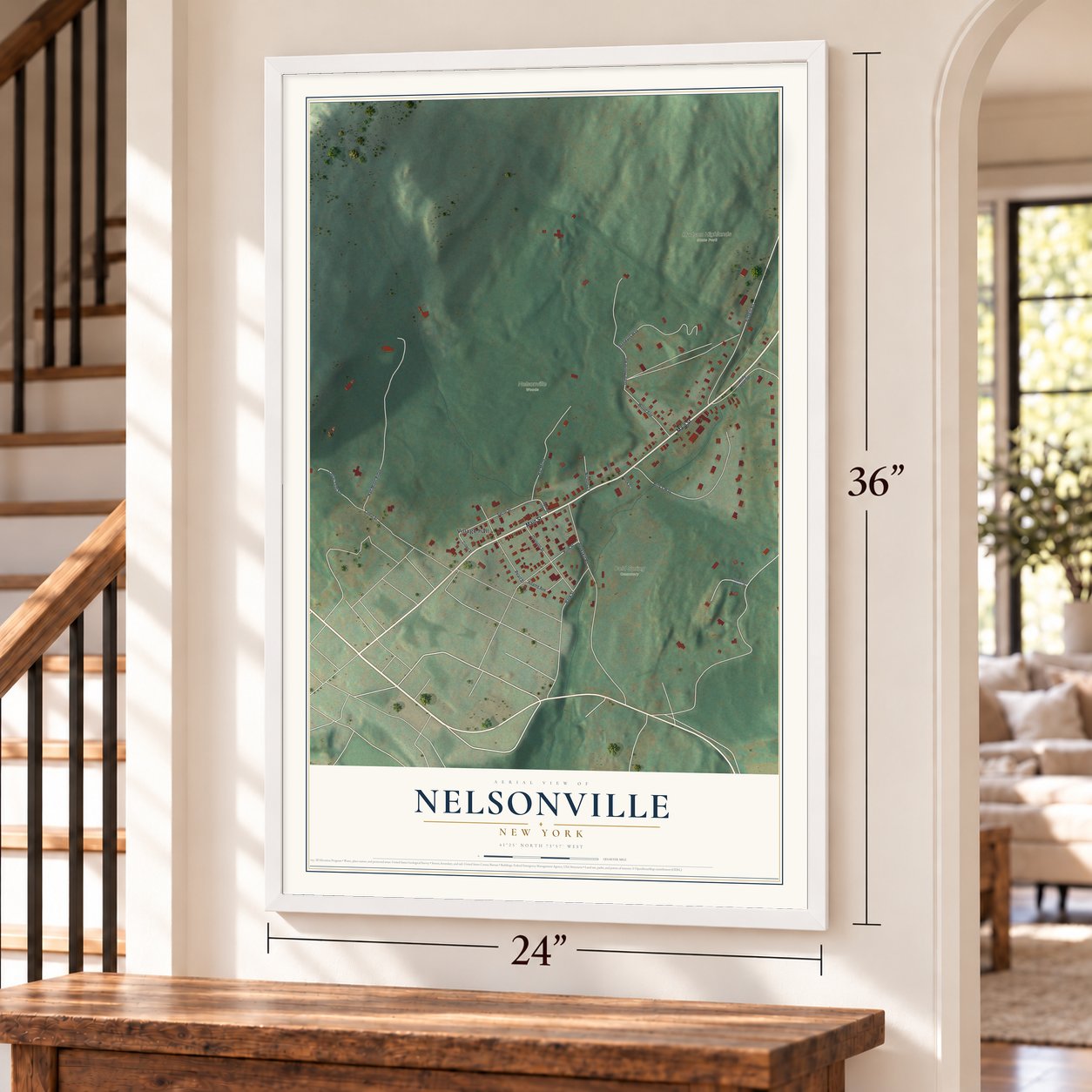 Nelsonville, New York map, 24 x 36 inch print in a white frame by a staircase