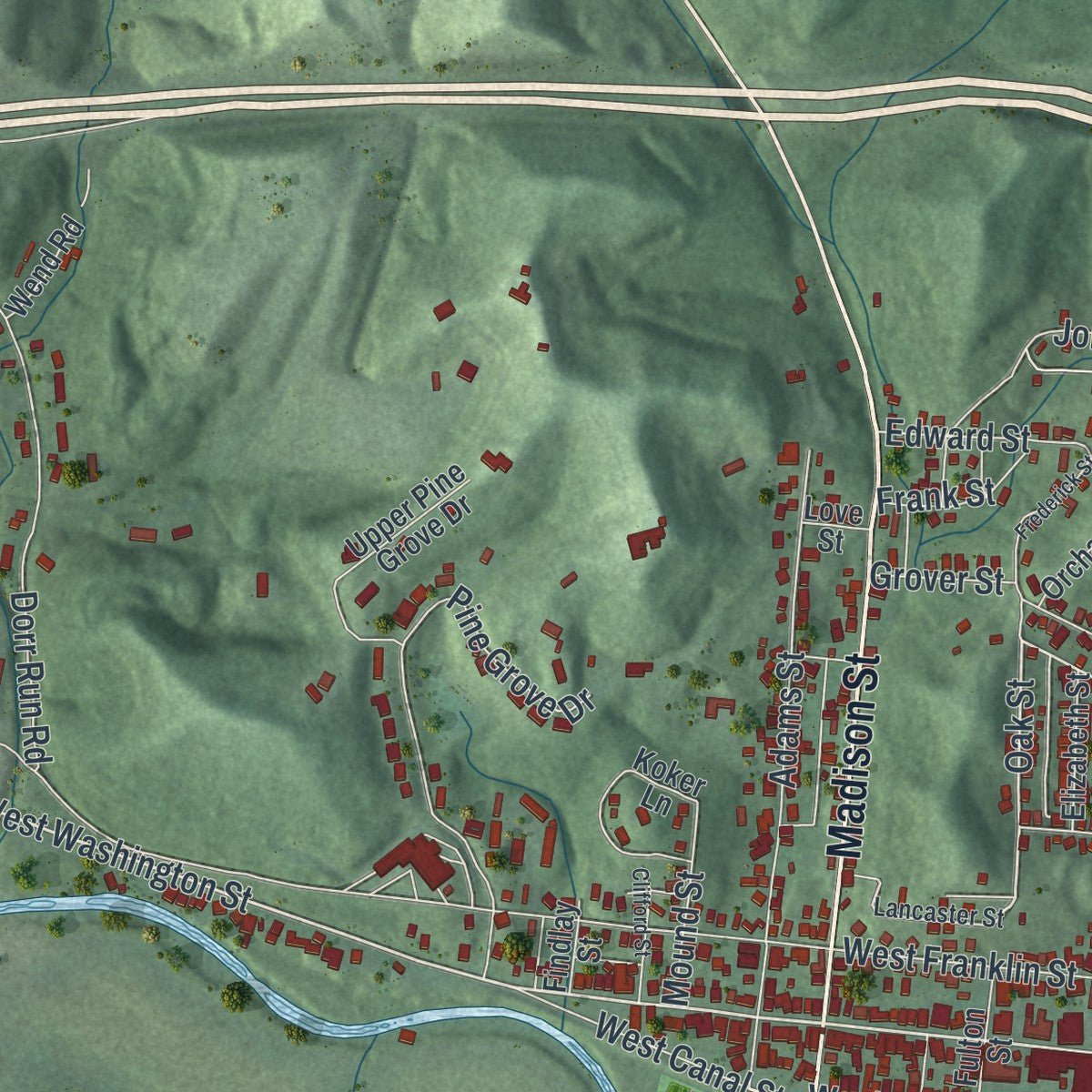 Second close-up of the map of Nelsonville, Ohio print showing more streets and buildings