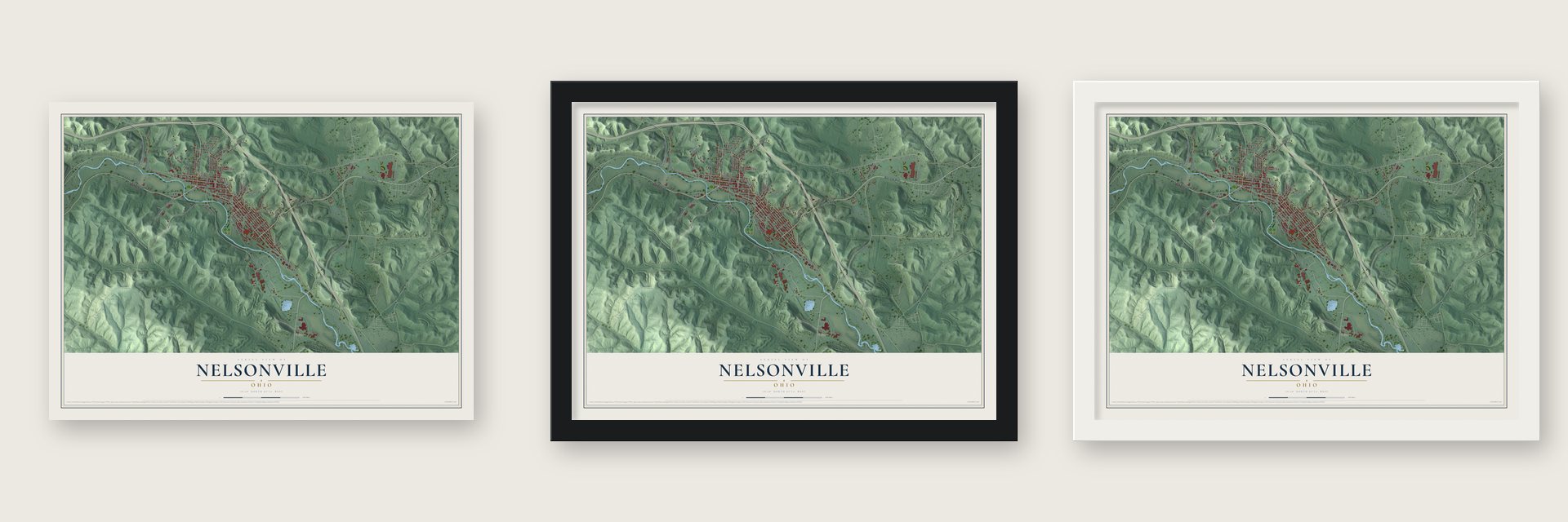 Nelsonville, Ohio map unframed, in a black wood frame and in a white wood frame