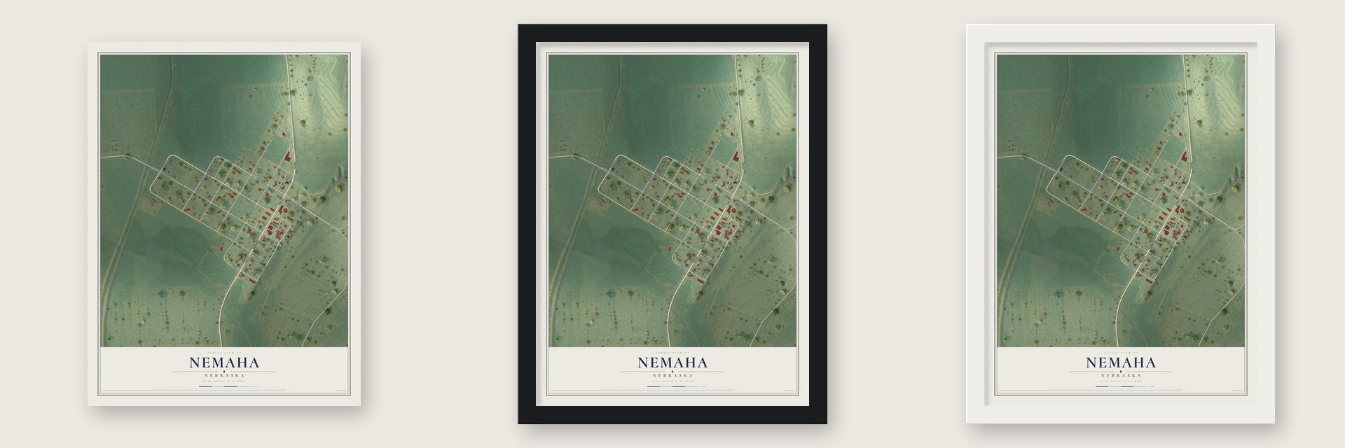 Nemaha, Nebraska map unframed, in a black wood frame and in a white wood frame