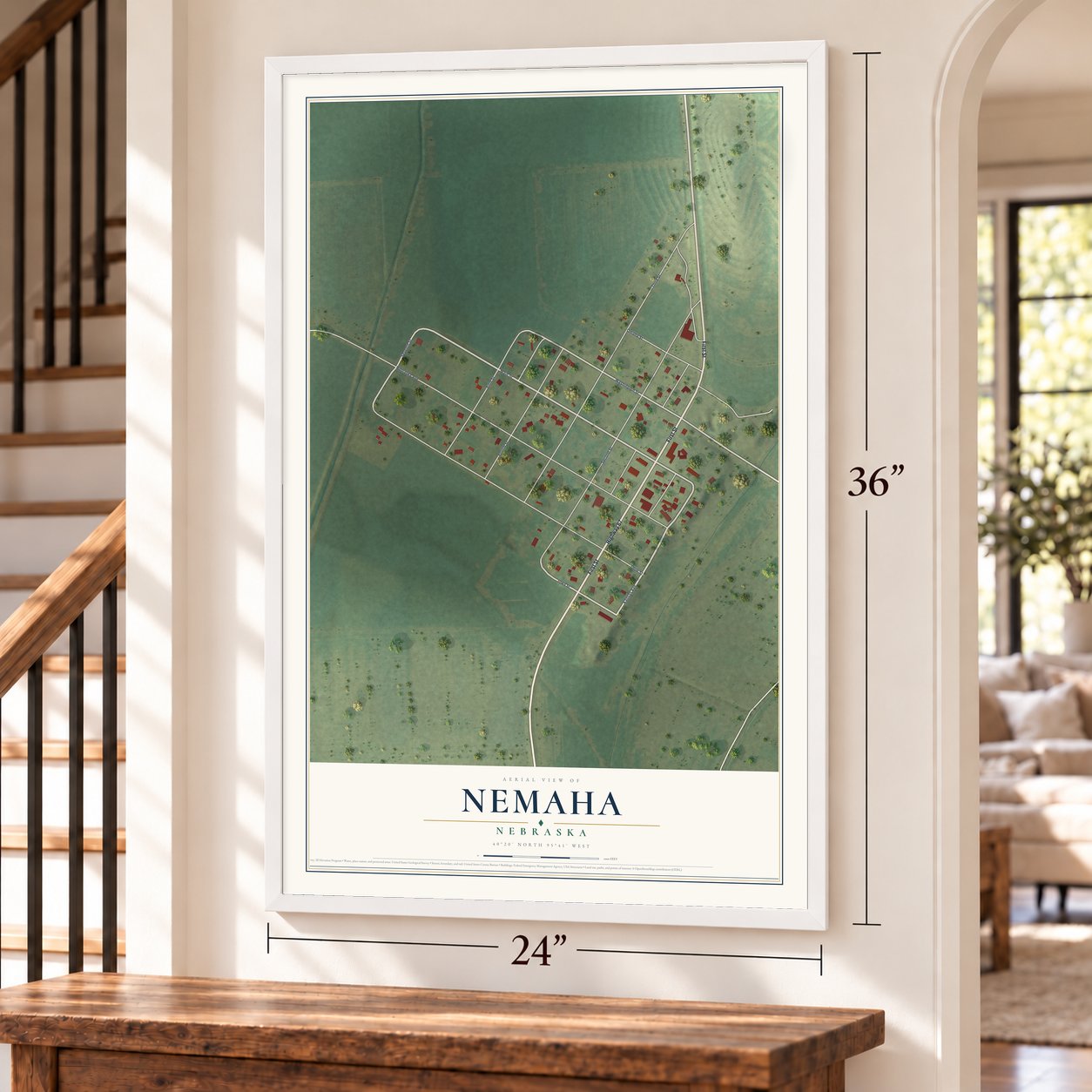Nemaha, Nebraska map, 24 x 36 inch print in a white frame by a staircase