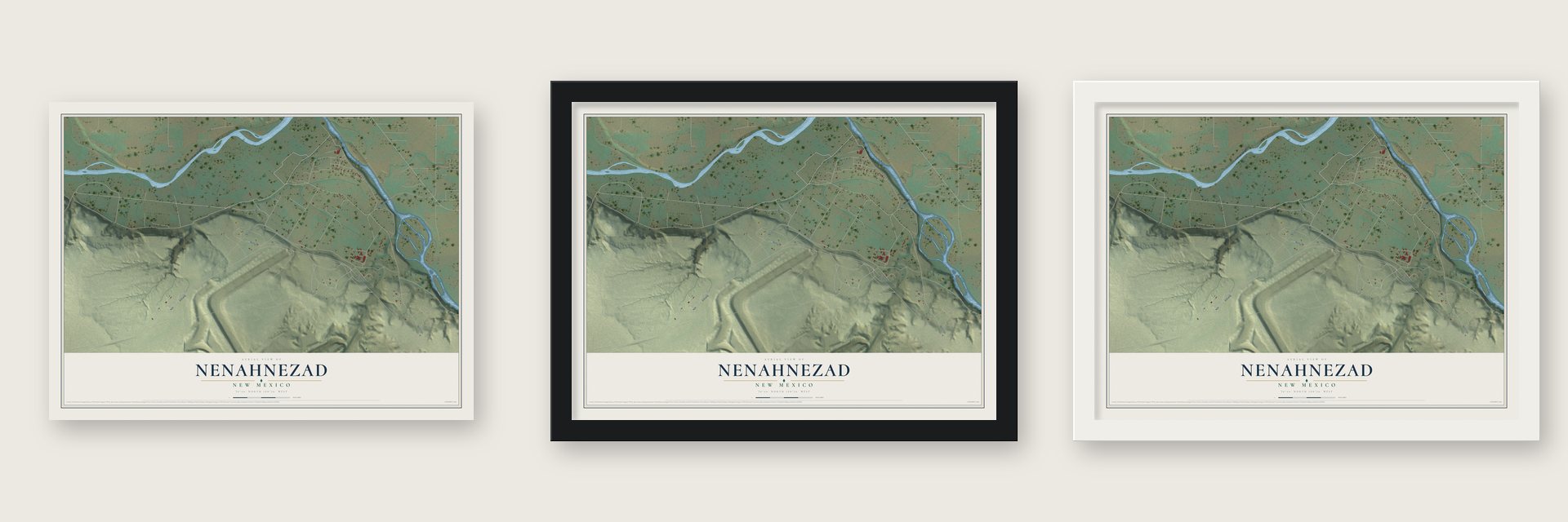 Nenahnezad, New Mexico map unframed, in a black wood frame and in a white wood frame