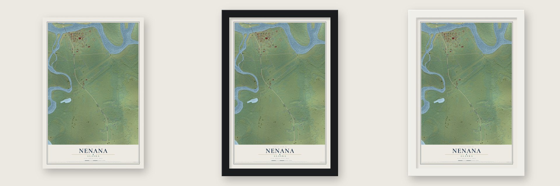 Nenana, Alaska map unframed, in a black wood frame and in a white wood frame