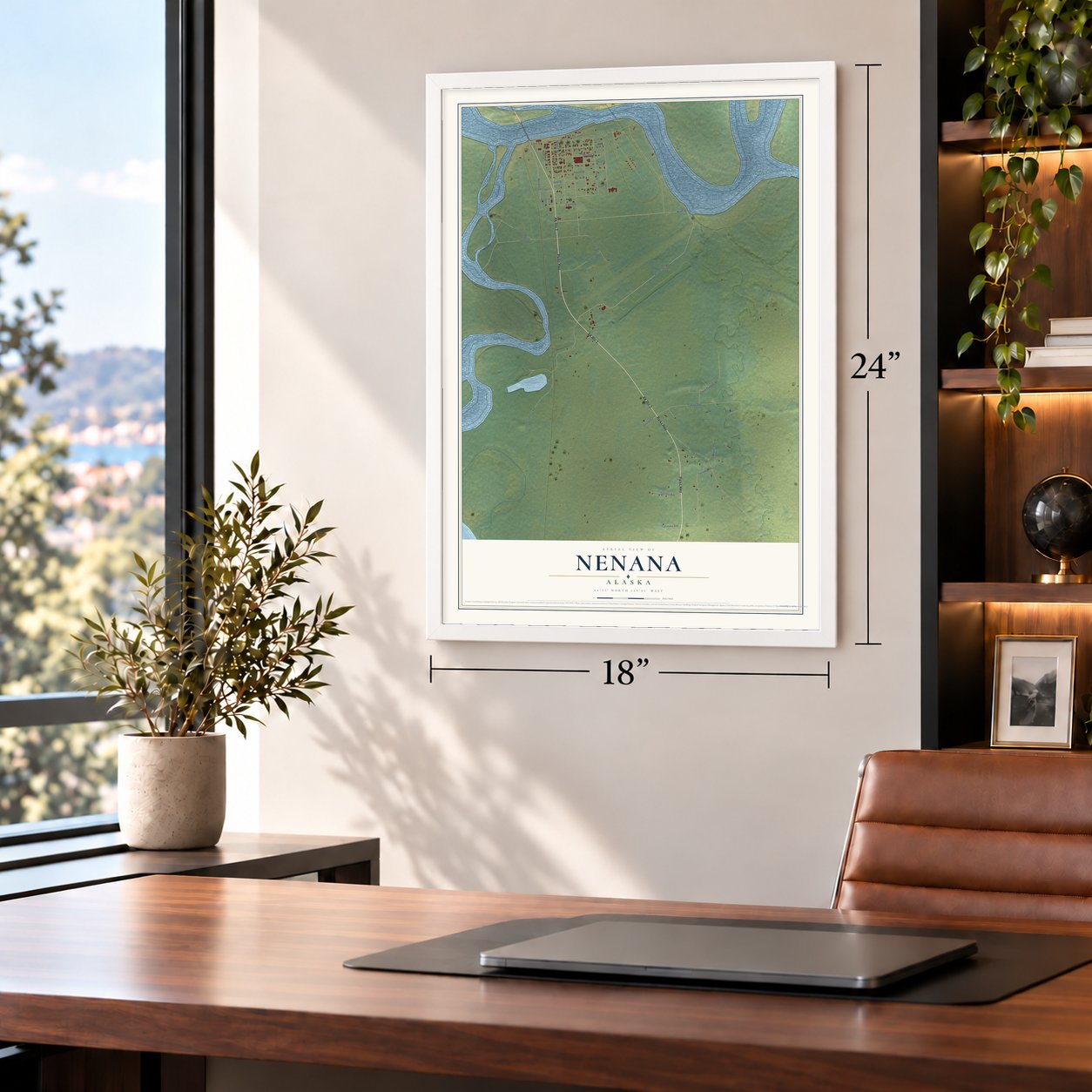 Nenana, Alaska map, 18 x 24 inch print in a white frame in a home office