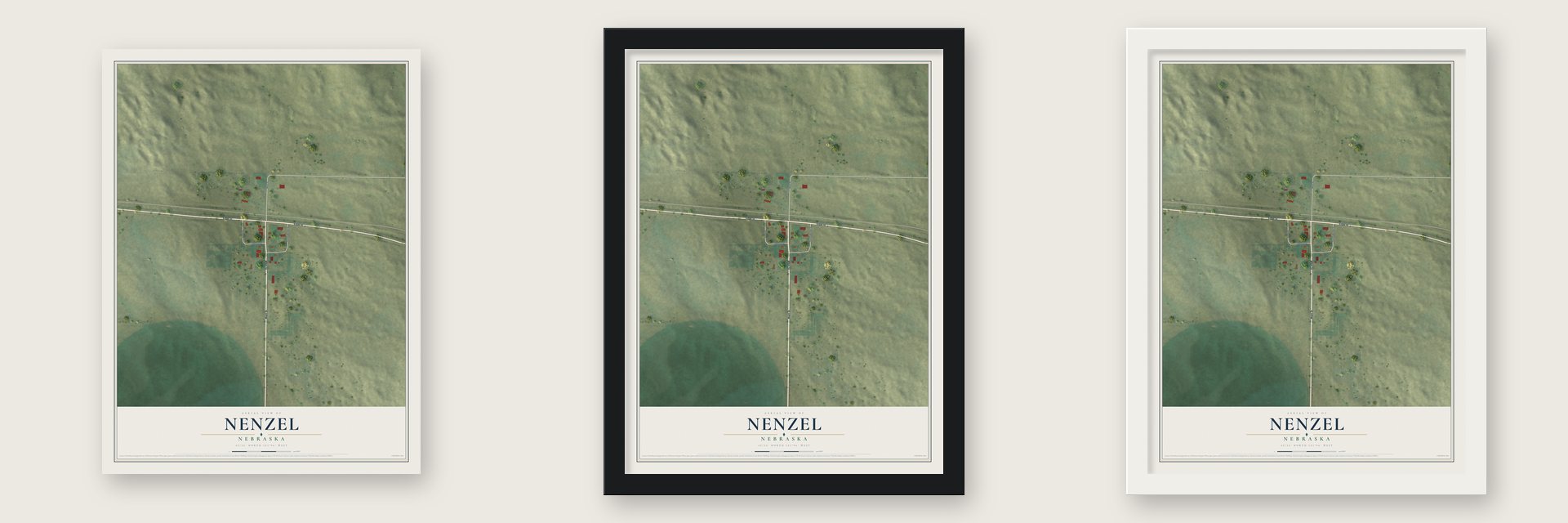 Nenzel, Nebraska map unframed, in a black wood frame and in a white wood frame