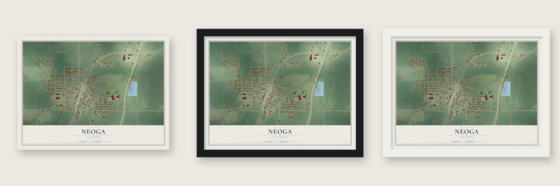 Neoga, Illinois map unframed, in a black wood frame and in a white wood frame