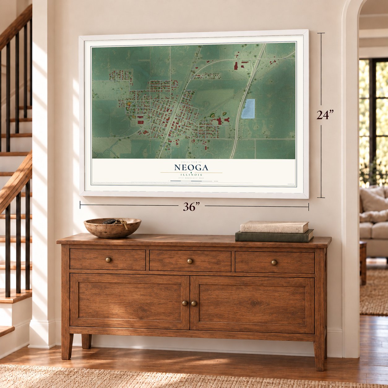 Neoga, Illinois map, 24 x 36 inch print in a white frame above a dresser by a staircase