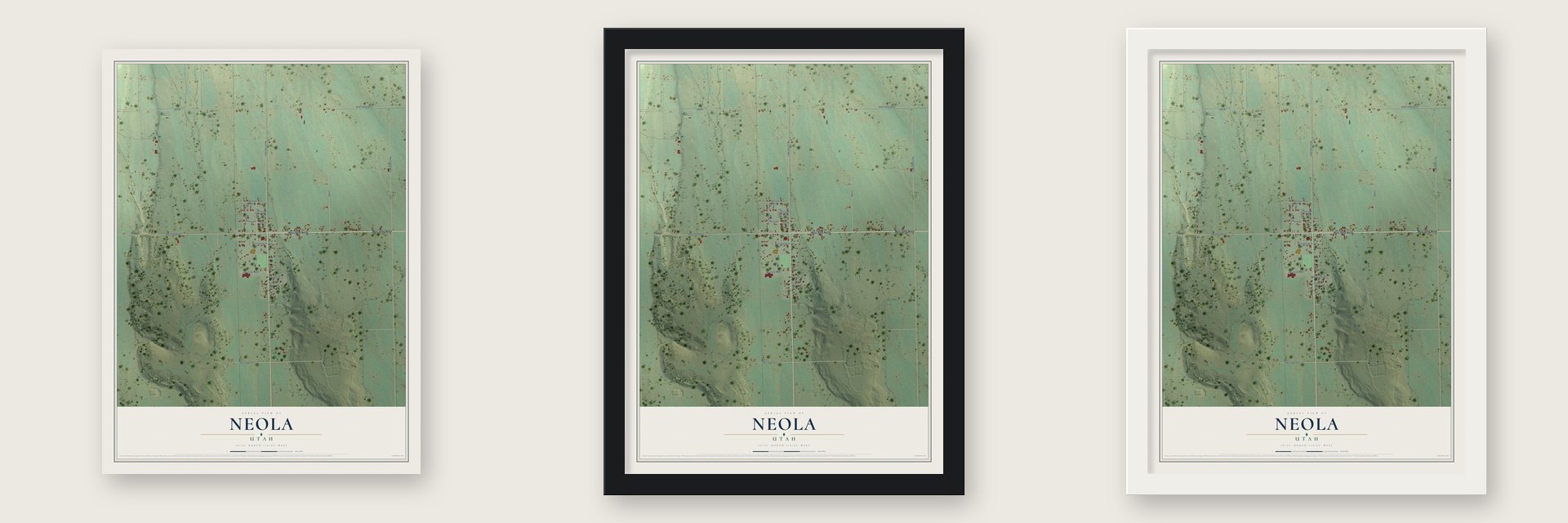 Neola, Utah map unframed, in a black wood frame and in a white wood frame