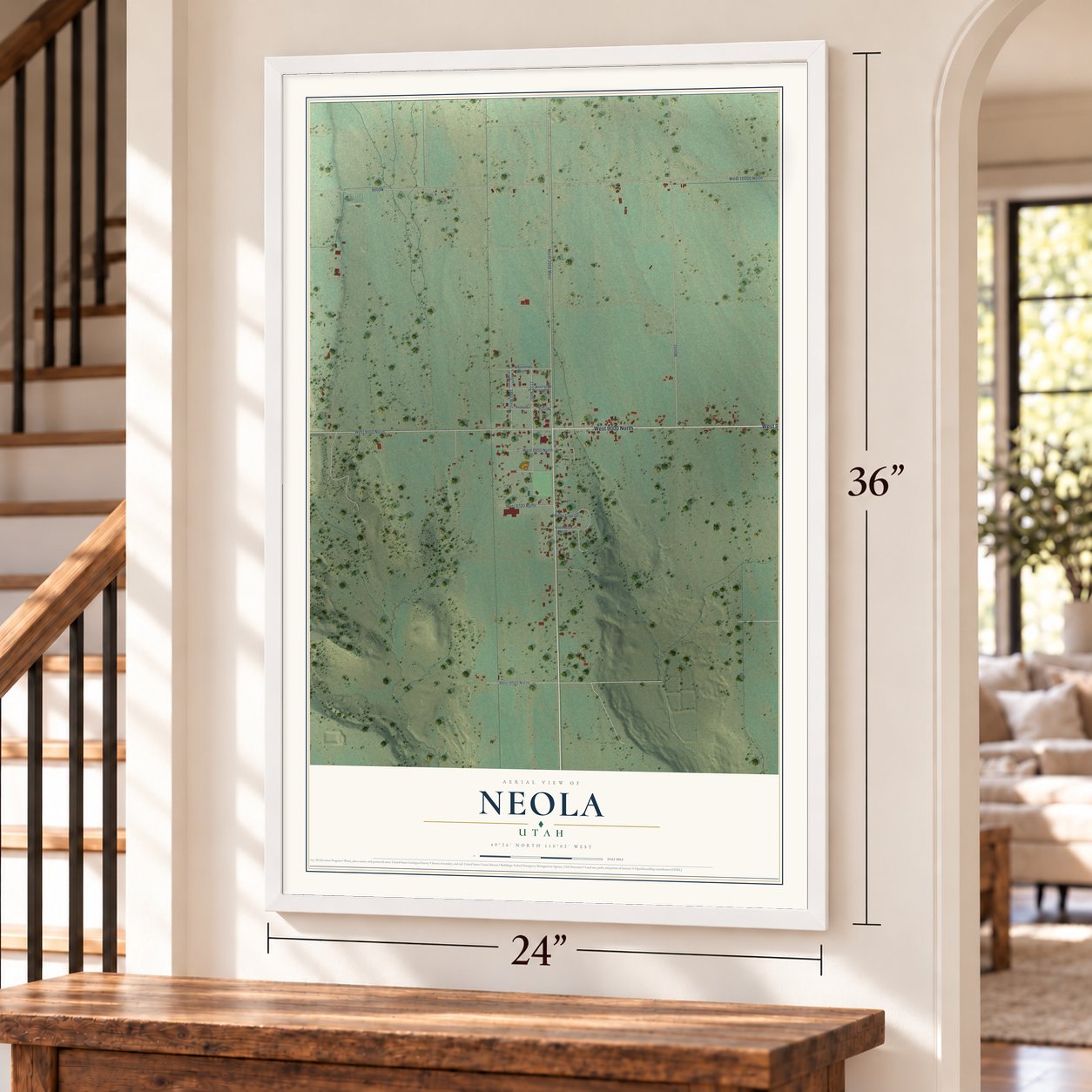 Neola, Utah map, 24 x 36 inch print in a white frame by a staircase