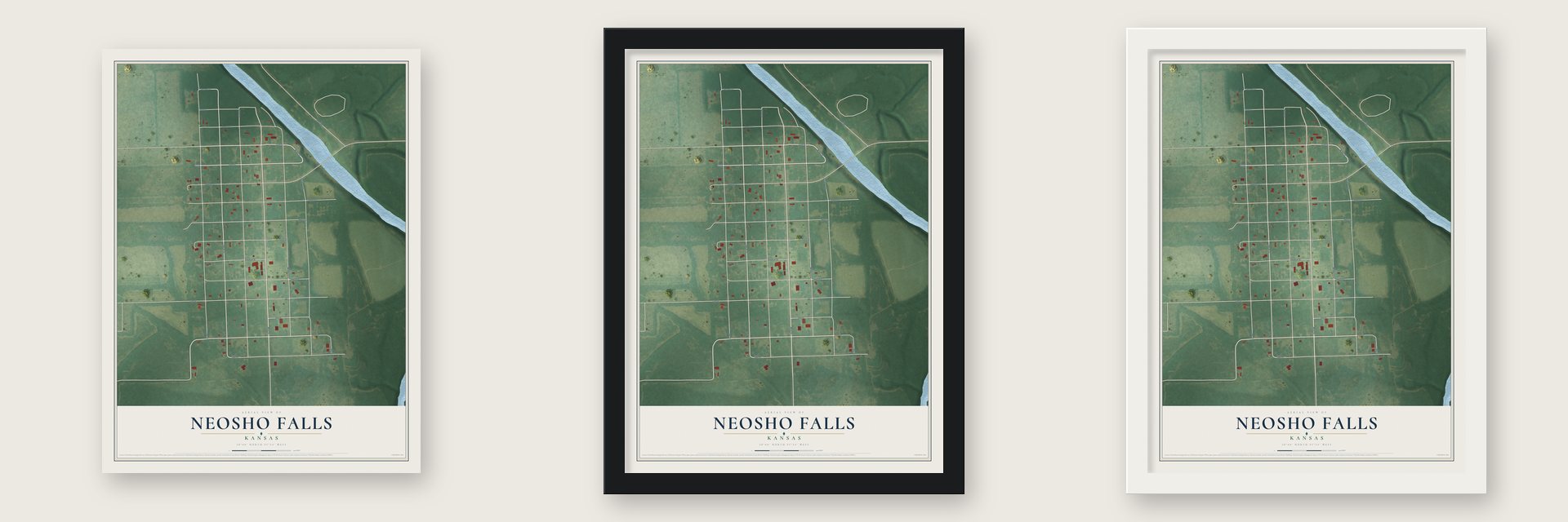 Neosho Falls, Kansas map unframed, in a black wood frame and in a white wood frame