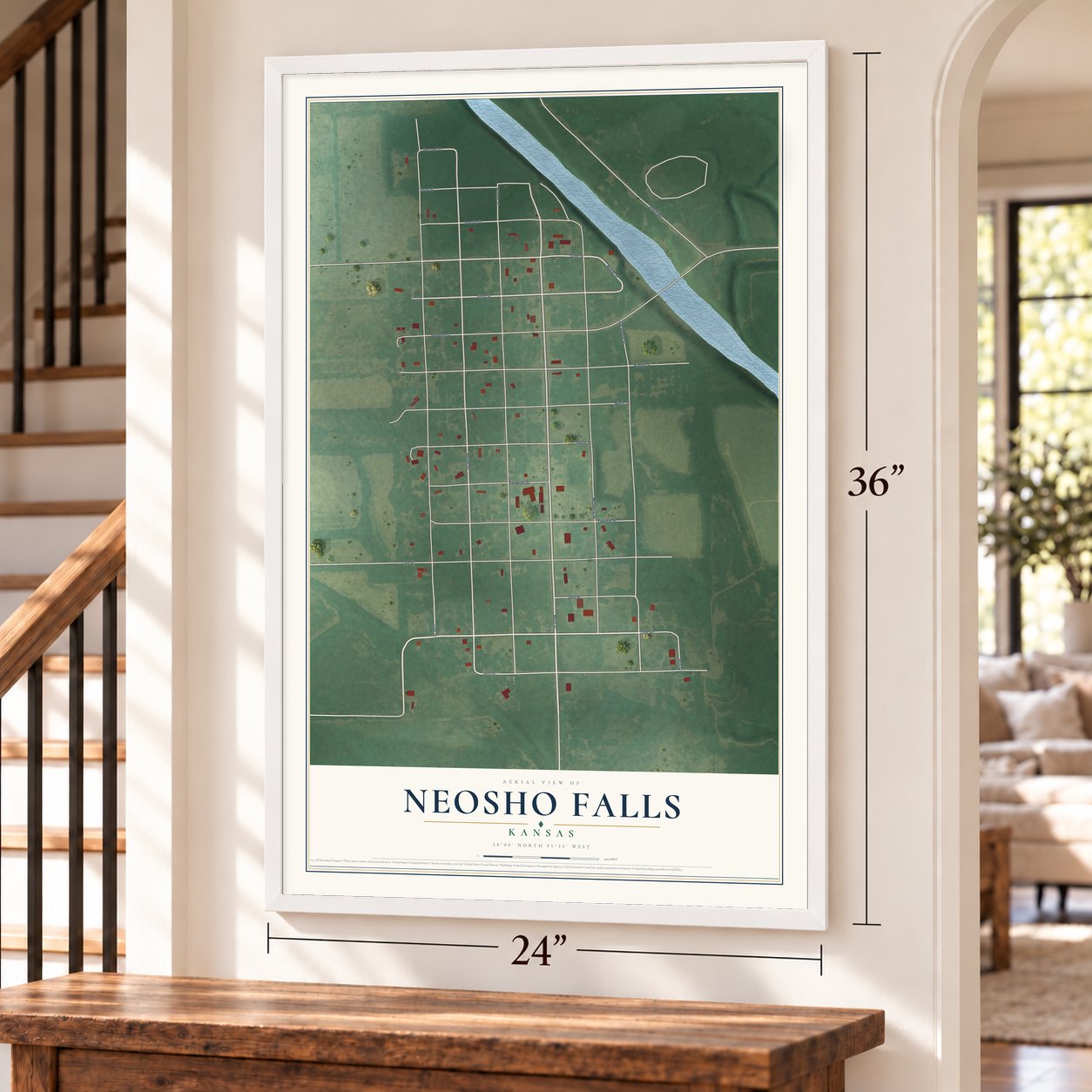 Neosho Falls, Kansas map, 24 x 36 inch print in a white frame by a staircase