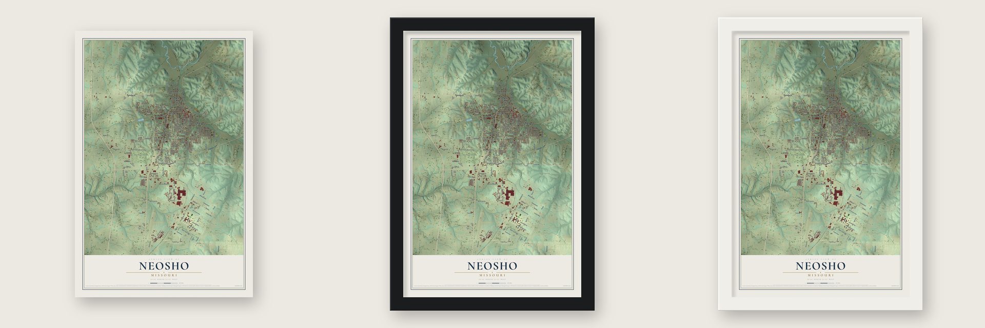Neosho, Missouri map unframed, in a black wood frame and in a white wood frame