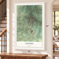 Neosho, Missouri map, 24 x 36 inch print in a white frame by a staircase