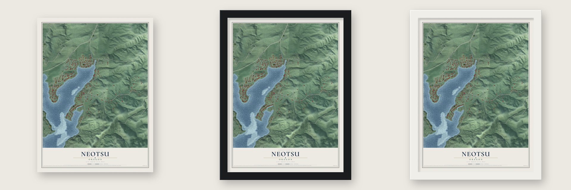 Neotsu, Oregon map unframed, in a black wood frame and in a white wood frame