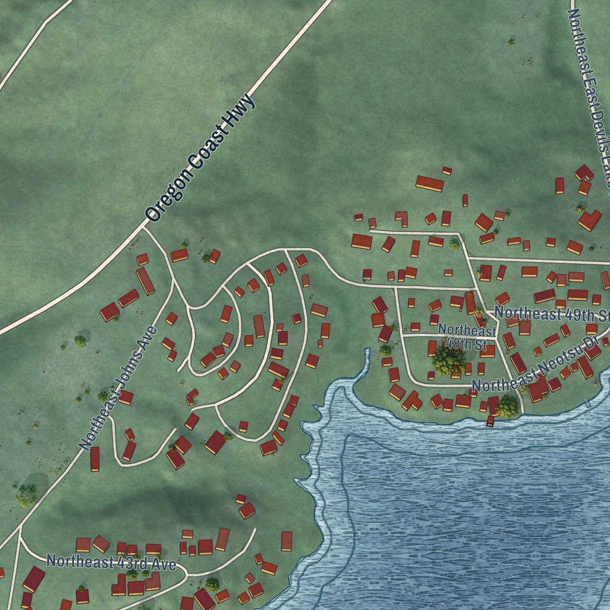 Second close-up of the map of Neotsu, Oregon print showing more streets and buildings