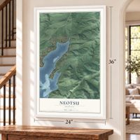 Neotsu, Oregon map, 24 x 36 inch print in a white frame by a staircase