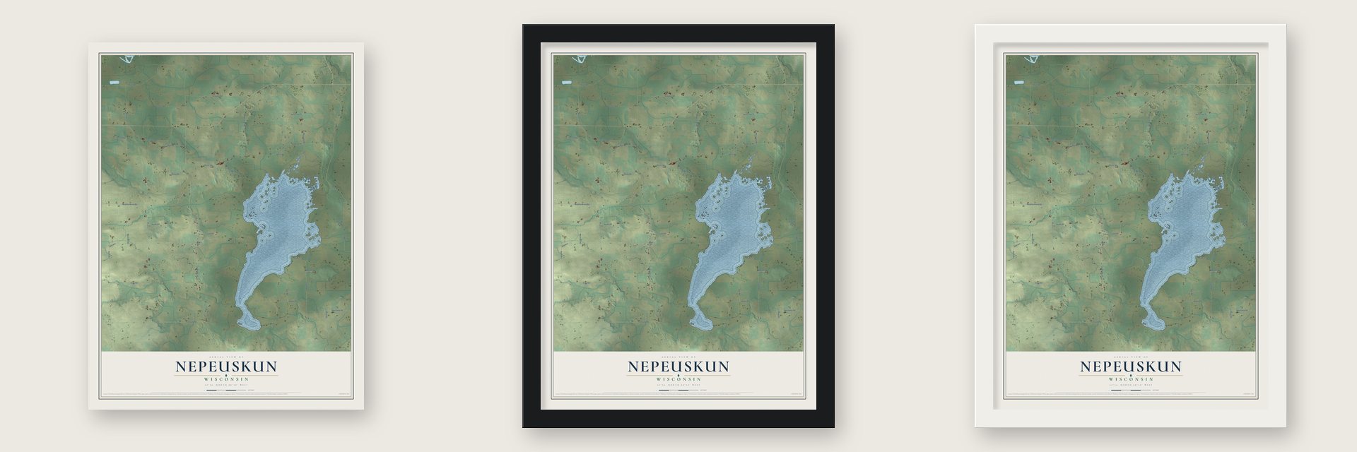Nepeuskun, Wisconsin map unframed, in a black wood frame and in a white wood frame
