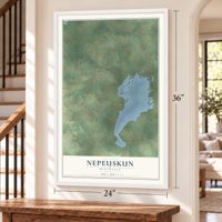 Nepeuskun, Wisconsin map, 24 x 36 inch print in a white frame by a staircase