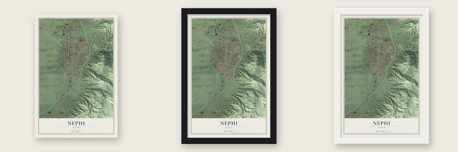 Nephi, Utah map unframed, in a black wood frame and in a white wood frame