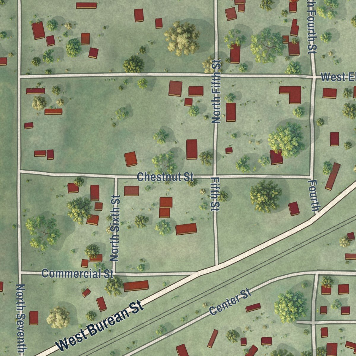 Second close-up of the map of Neponset, Illinois print showing more streets and buildings