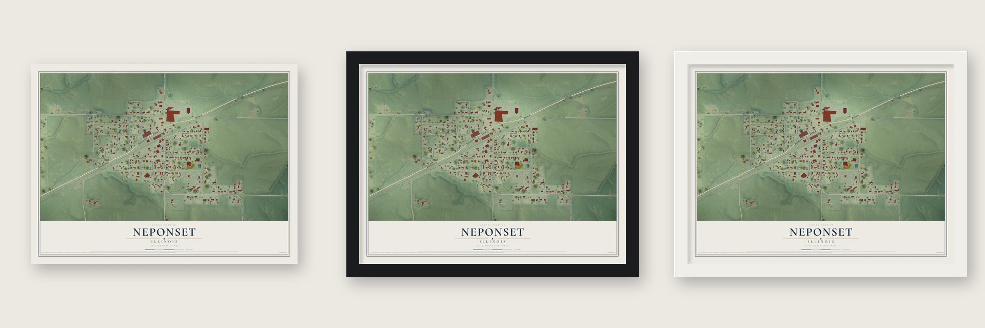 Neponset, Illinois map unframed, in a black wood frame and in a white wood frame