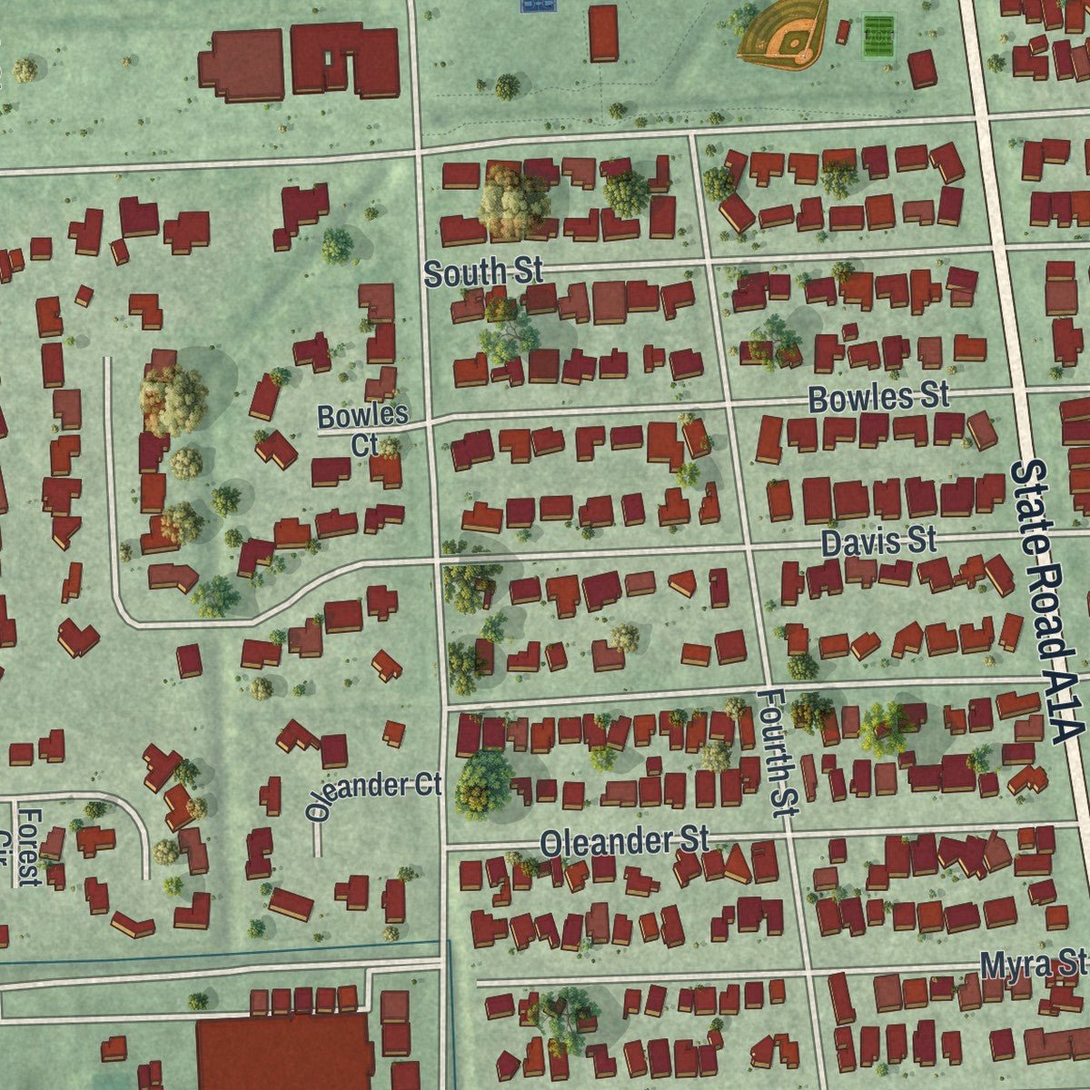 Second close-up of the map of Neptune Beach, Florida print showing more streets and buildings